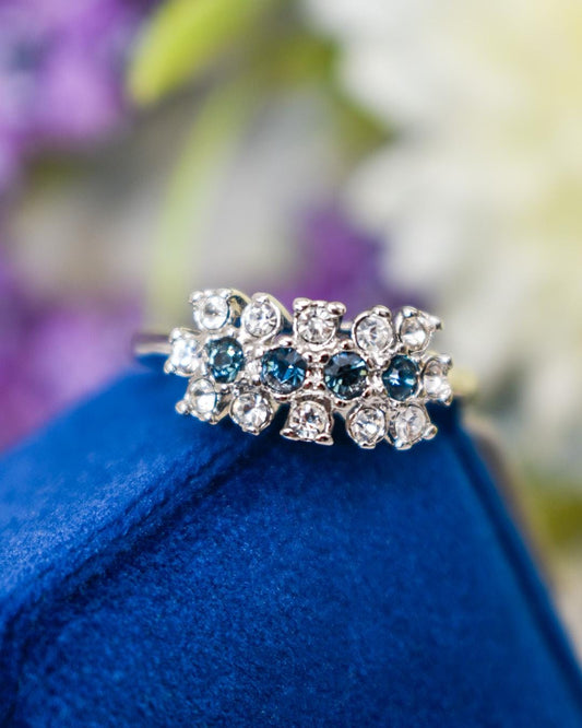 Vintage 1970s Sapphire and Clear Austrian Crystal Cluster Ring - 18k White Gold Plated jewelry image 1