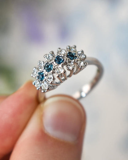Vintage 1970s Sapphire and Clear Austrian Crystal Cluster Ring - 18k White Gold Plated jewelry image 1