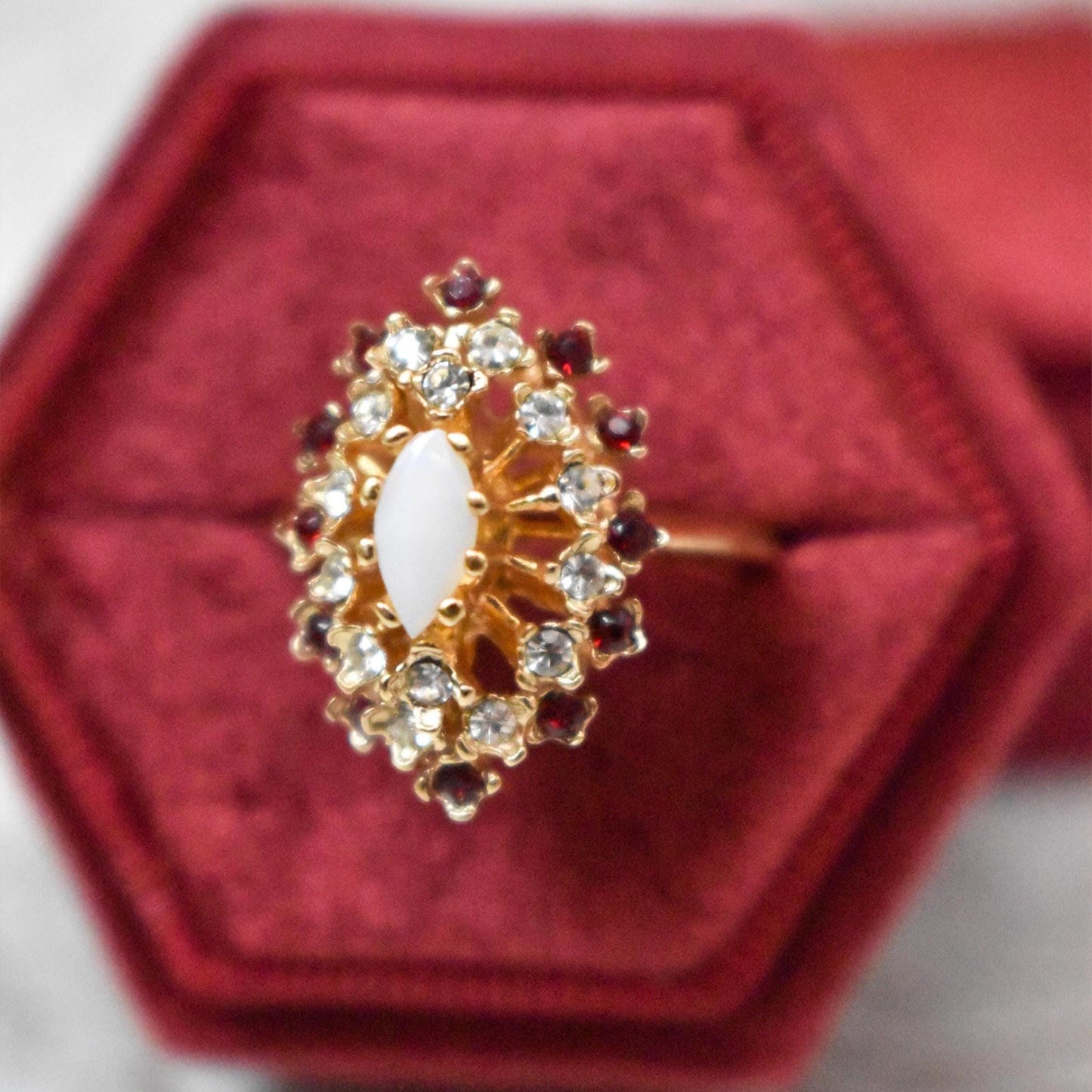 Vintage Genuine Opal Cocktail Ring with Ruby and Clear Austrian Crystals – 18kt Yellow Gold Electroplated jewelry image 1