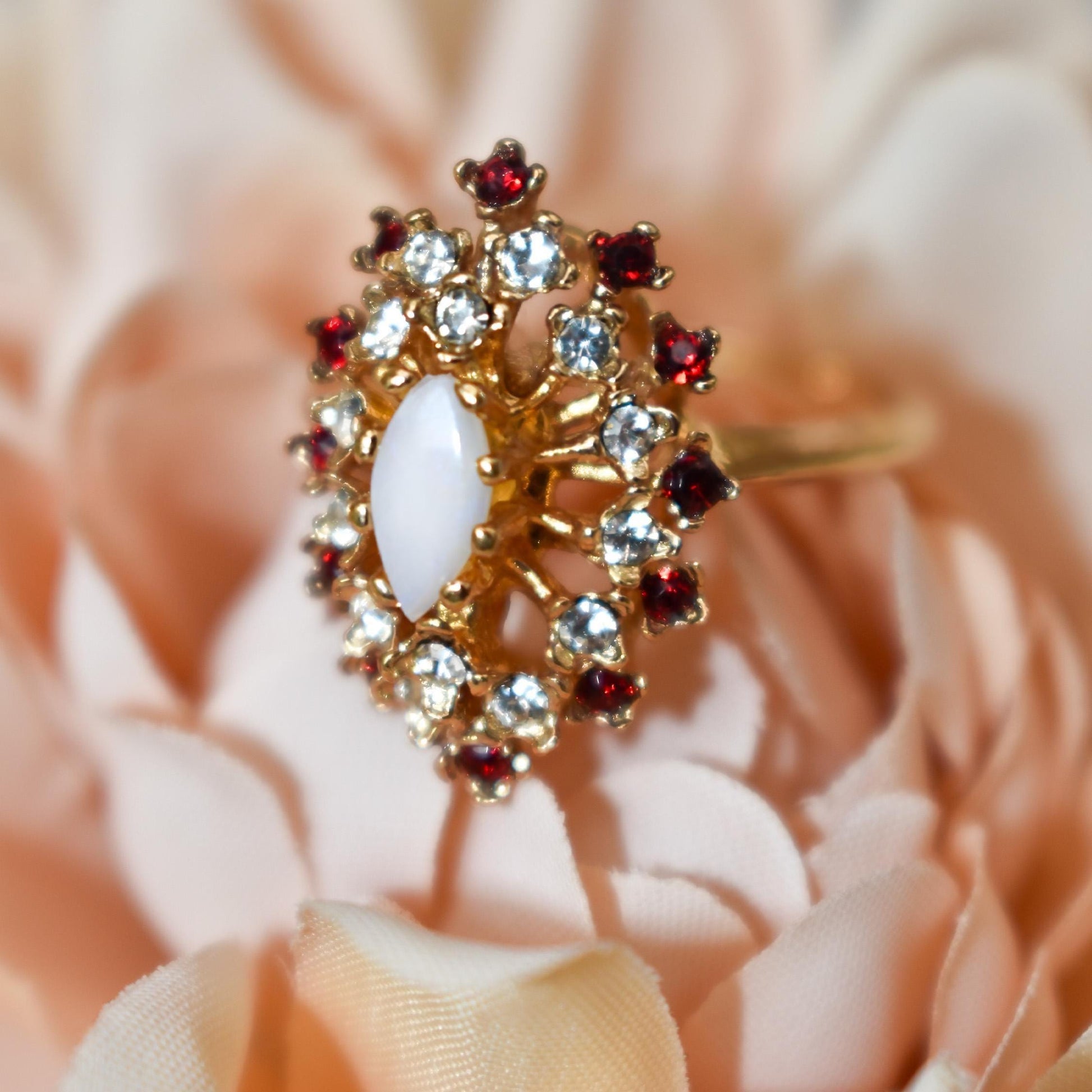 Vintage Genuine Opal Cocktail Ring with Ruby and Clear Austrian Crystals – 18kt Yellow Gold Electroplated jewelry image 1