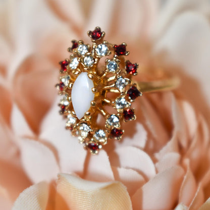 Vintage Genuine Opal Cocktail Ring with Ruby and Clear Austrian Crystals – 18kt Yellow Gold Electroplated jewelry image 1
