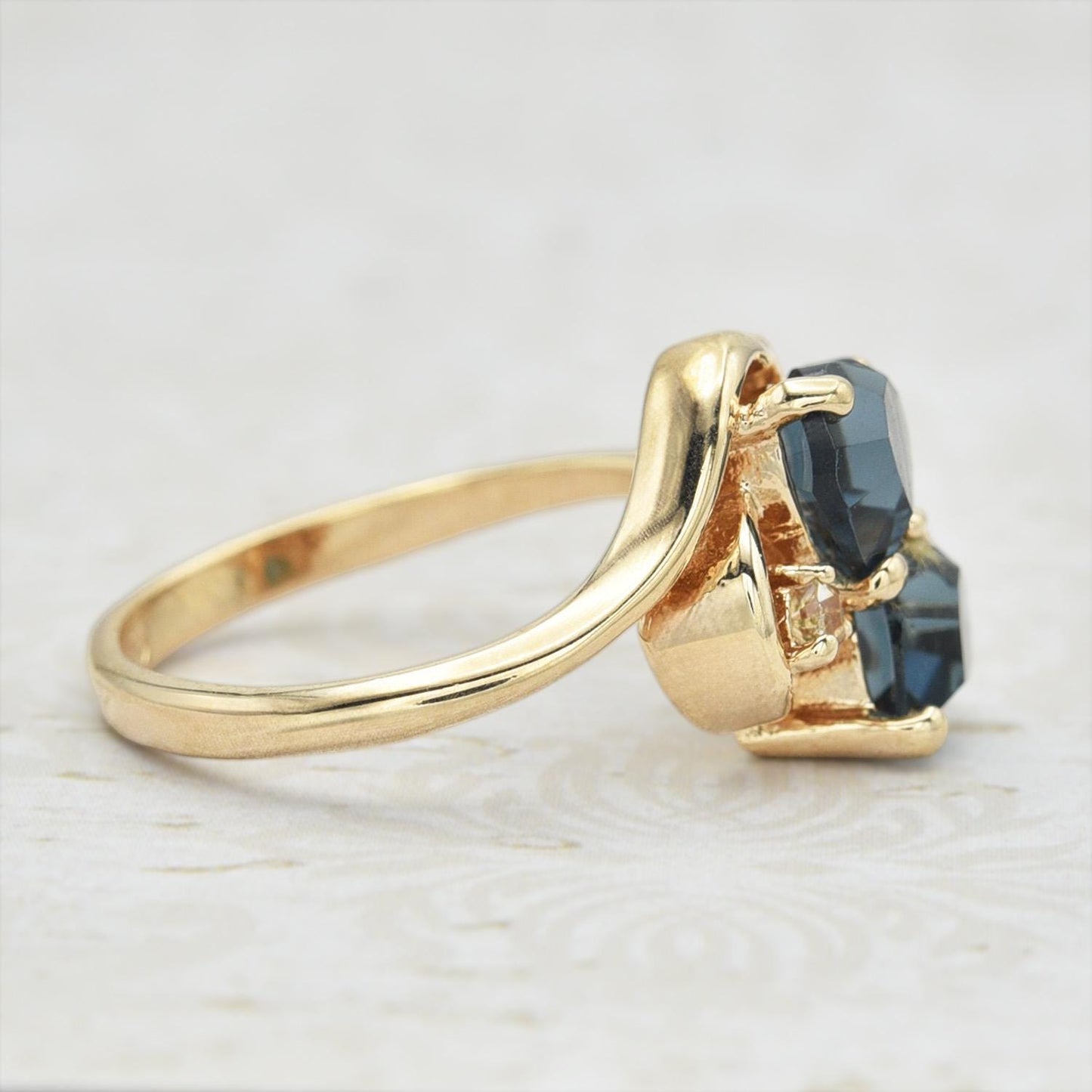 Vintage Double Heart Sapphire Blue Austrian Crystal Ring - 18k Gold Electroplated jewelry image 1