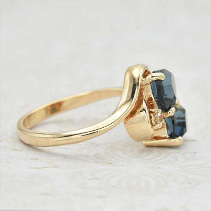Vintage Double Heart Sapphire Blue Austrian Crystal Ring - 18k Gold Electroplated jewelry image 1
