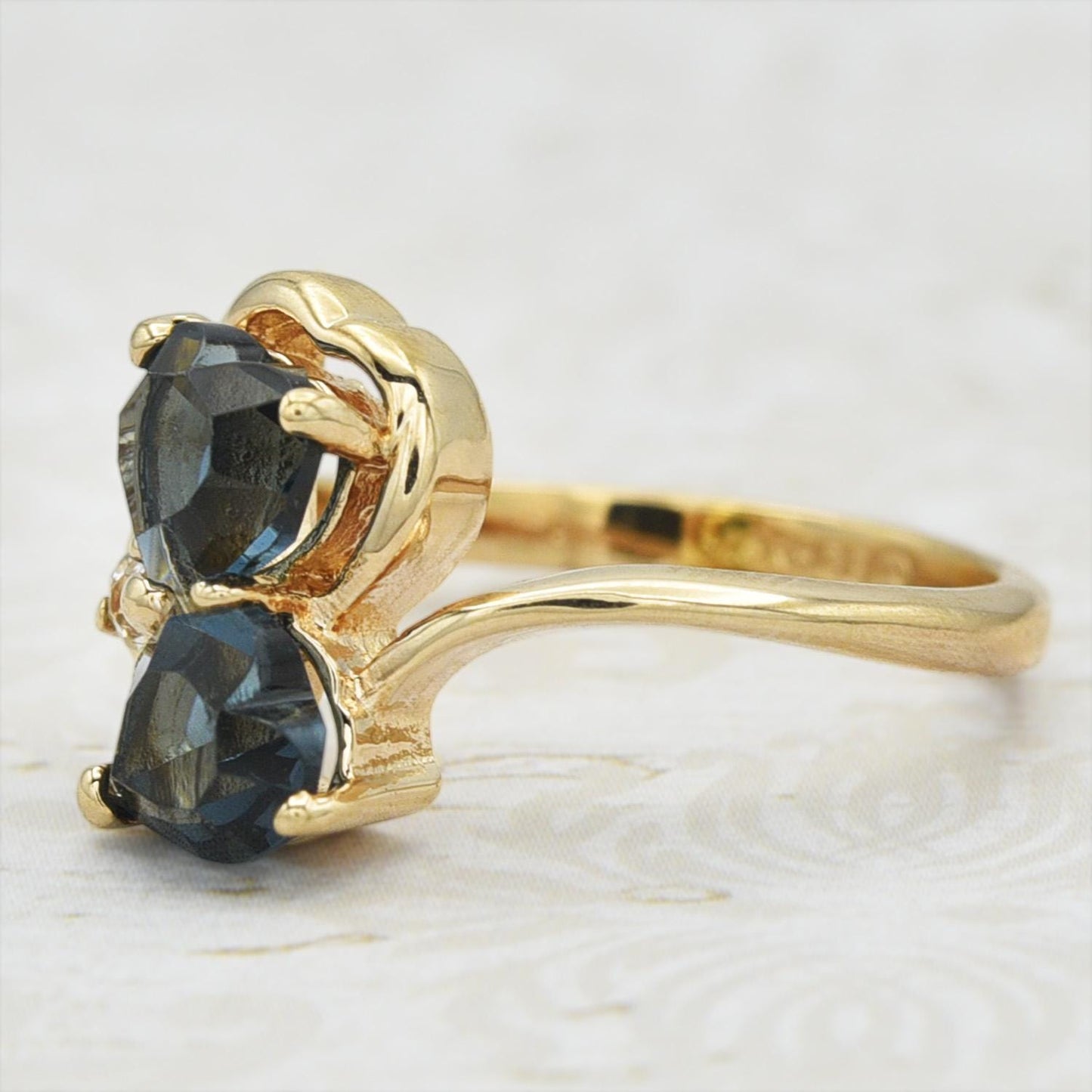 Vintage Double Heart Sapphire Blue Austrian Crystal Ring - 18k Gold Electroplated jewelry image 1