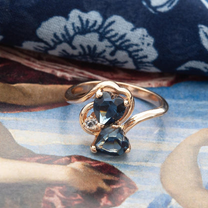 Vintage Double Heart Sapphire Blue Austrian Crystal Ring - 18k Gold Electroplated jewelry image 1