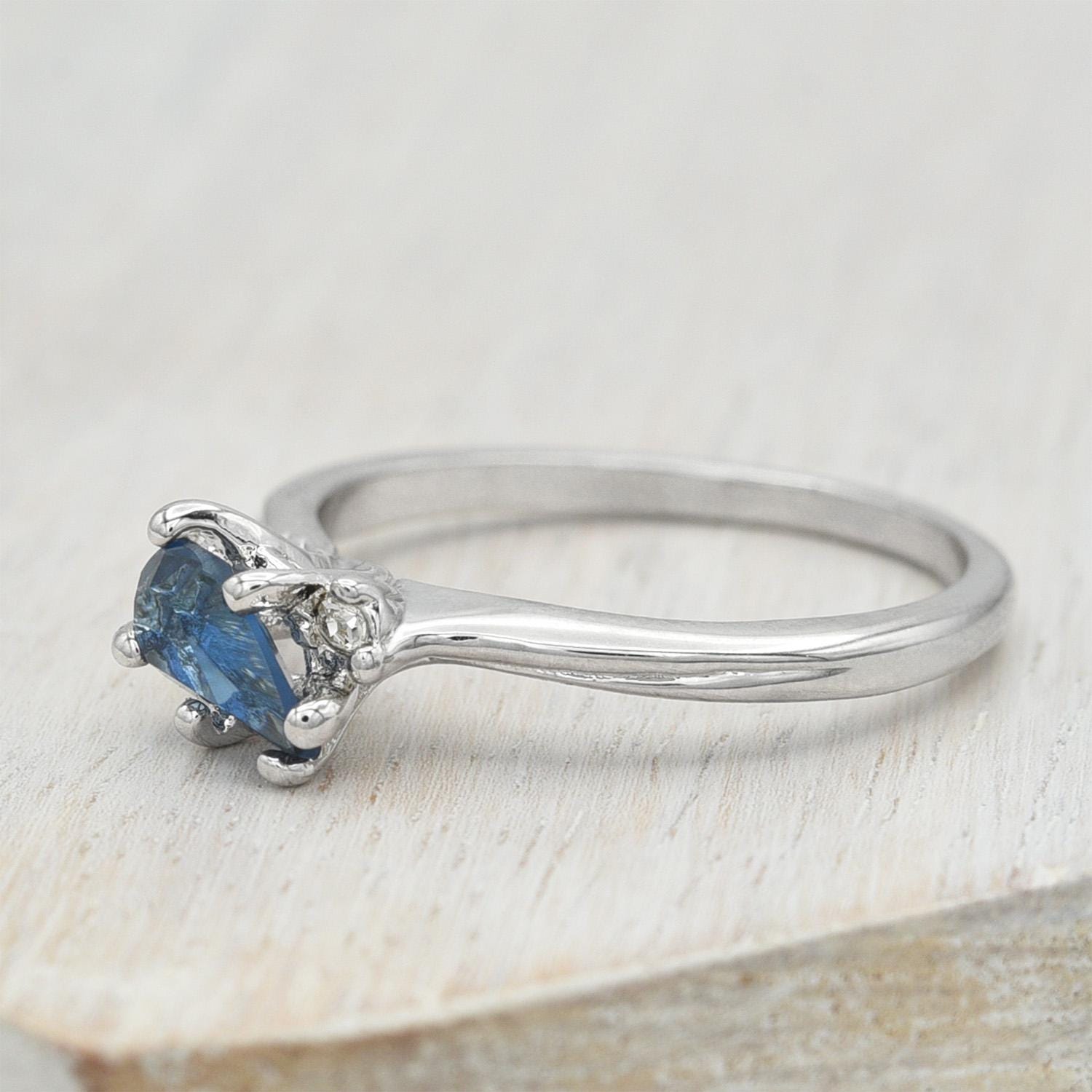 Vintage 18k White Gold Electroplated Sapphire Austrian Crystal Ring - Made in USA jewelry image 1