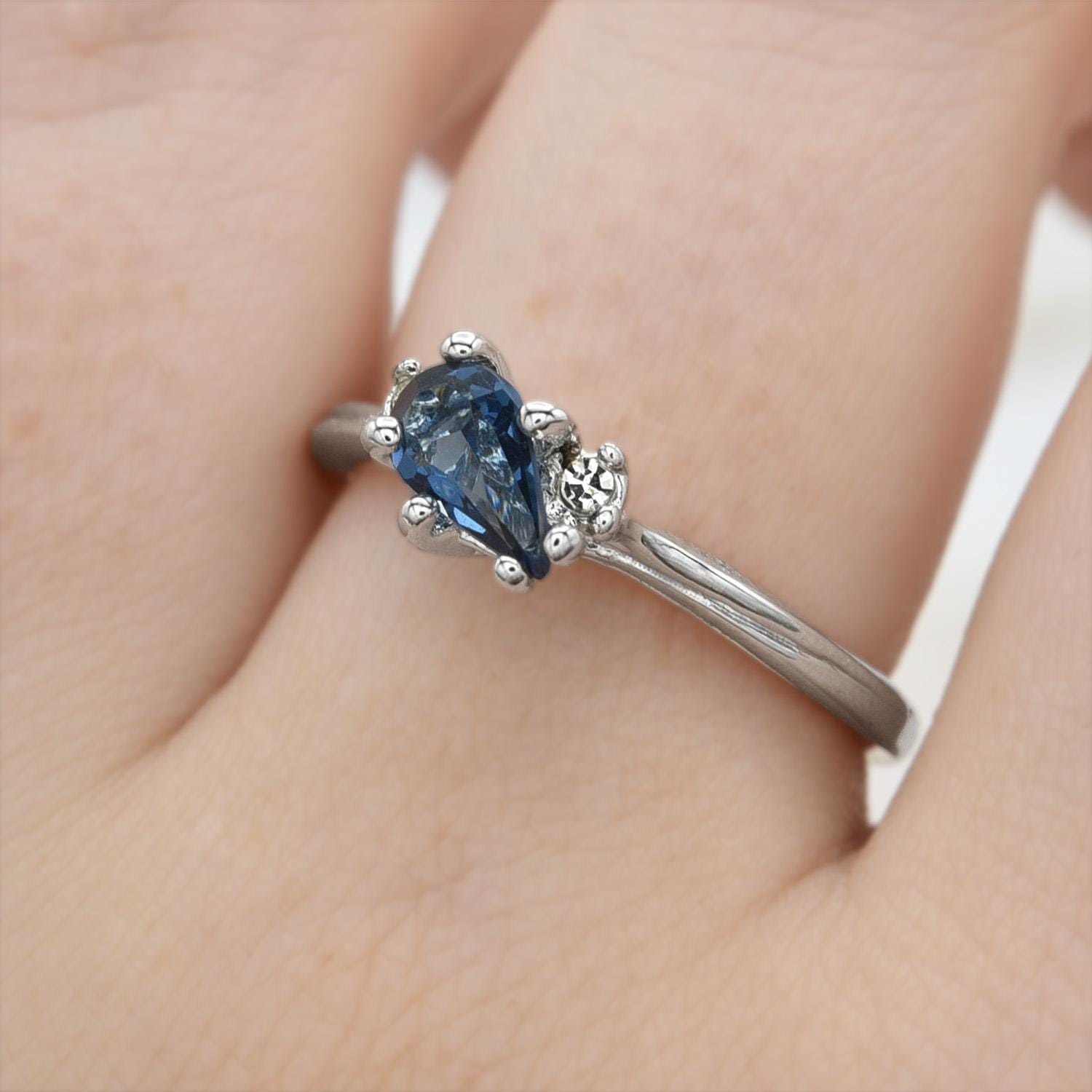 Vintage 18k White Gold Electroplated Sapphire Austrian Crystal Ring - Made in USA jewelry image 1