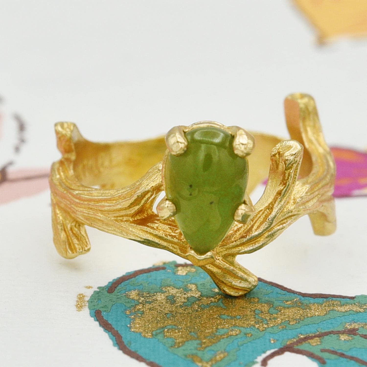 Vintage Genuine Jade 18K Yellow Gold Electroplated Twig Style Ring - Made in USA jewelry image 1