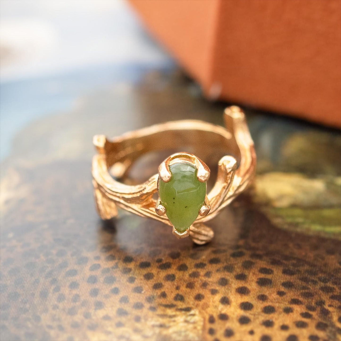 Vintage Genuine Jade 18K Yellow Gold Electroplated Twig Style Ring - Made in USA jewelry image 1