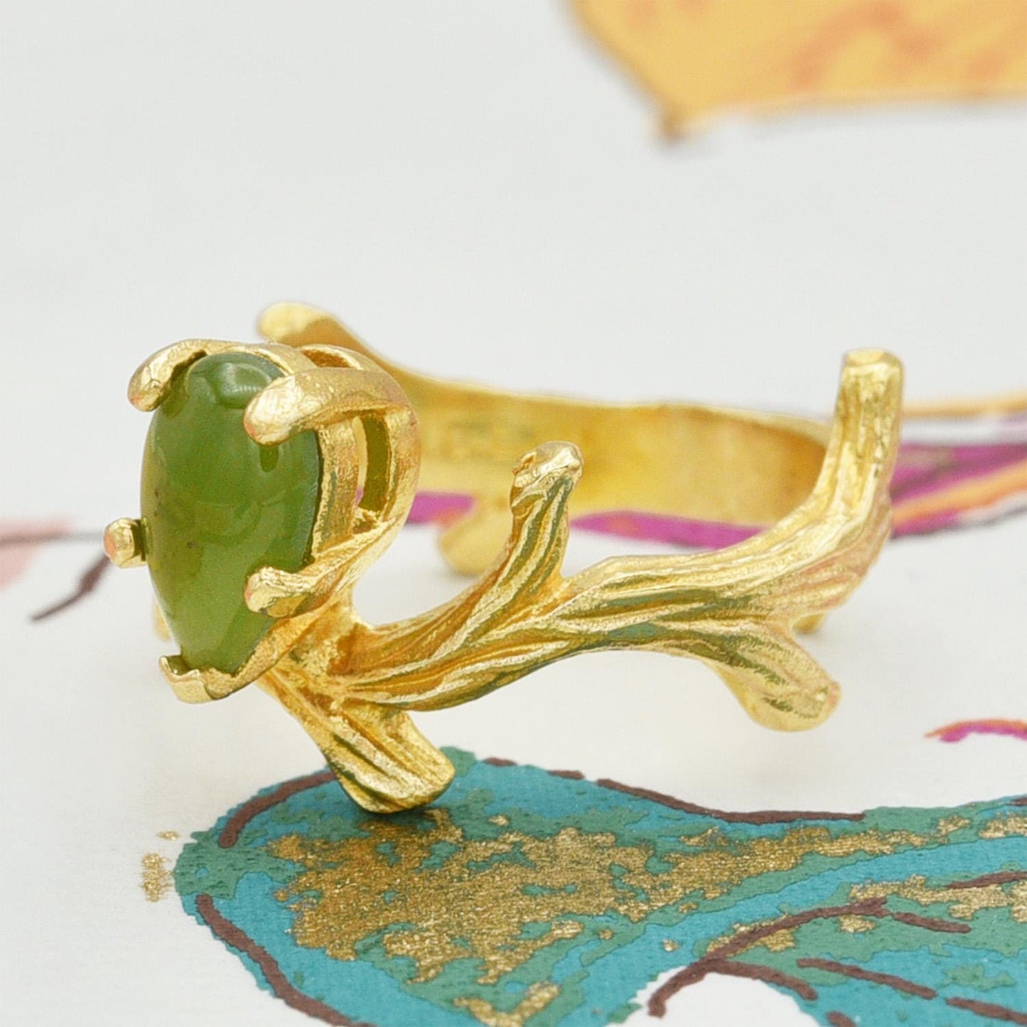 Vintage Genuine Jade 18K Yellow Gold Electroplated Twig Style Ring - Made in USA jewelry image 1