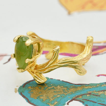 Vintage Genuine Jade 18K Yellow Gold Electroplated Twig Style Ring - Made in USA jewelry image 1