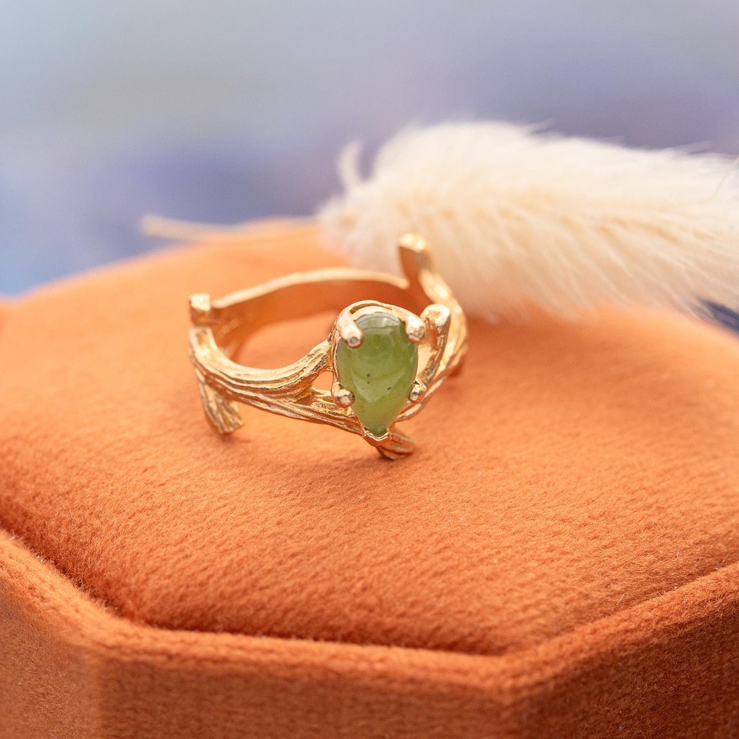 Vintage Genuine Jade 18K Yellow Gold Electroplated Twig Style Ring - Made in USA jewelry image 1