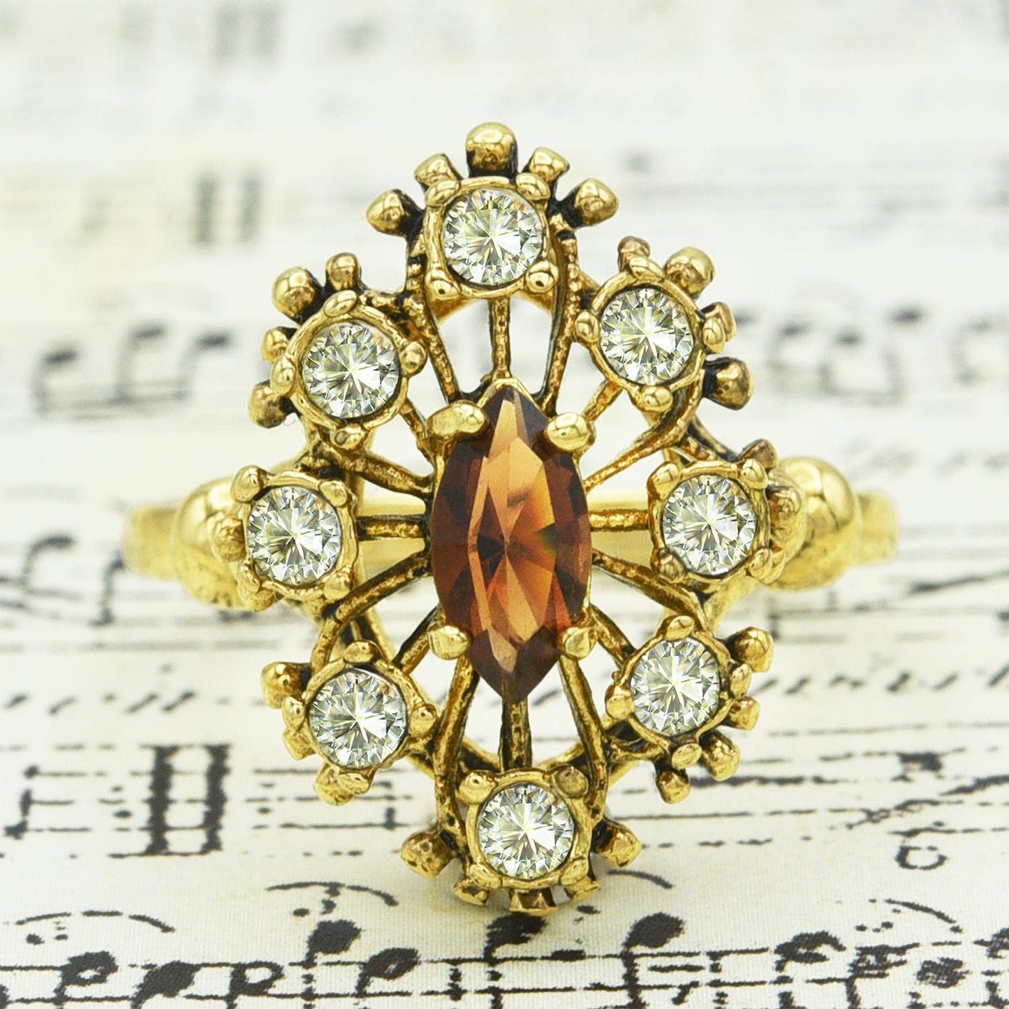 Vintage Brown Topaz and Clear Austrian Crystal Cocktail Ring - 18kt Antiqued Gold Electroplated jewelry image 1