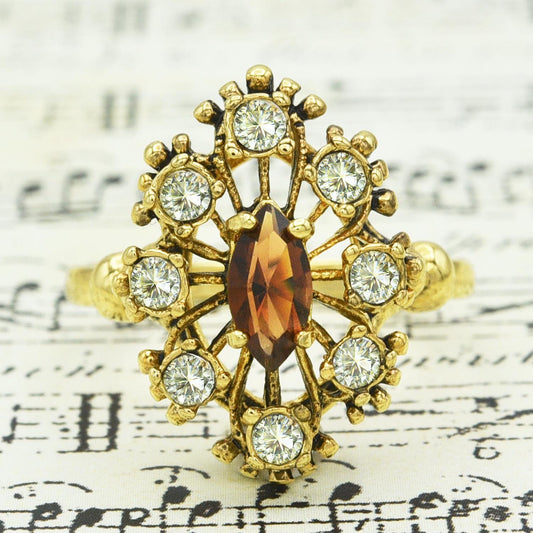 Vintage Brown Topaz and Clear Austrian Crystal Cocktail Ring - 18kt Antiqued Gold Electroplated jewelry image 1