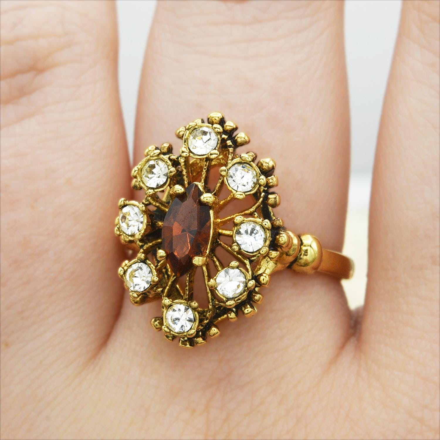 Vintage Brown Topaz and Clear Austrian Crystal Cocktail Ring - 18kt Antiqued Gold Electroplated jewelry image 1