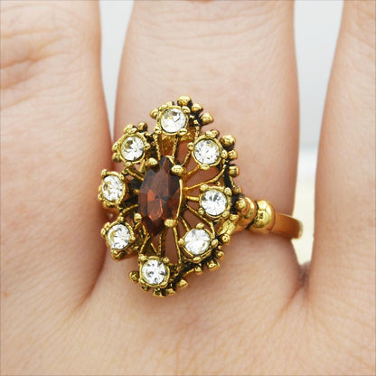 Vintage Brown Topaz and Clear Austrian Crystal Cocktail Ring - 18kt Antiqued Gold Electroplated jewelry image 1