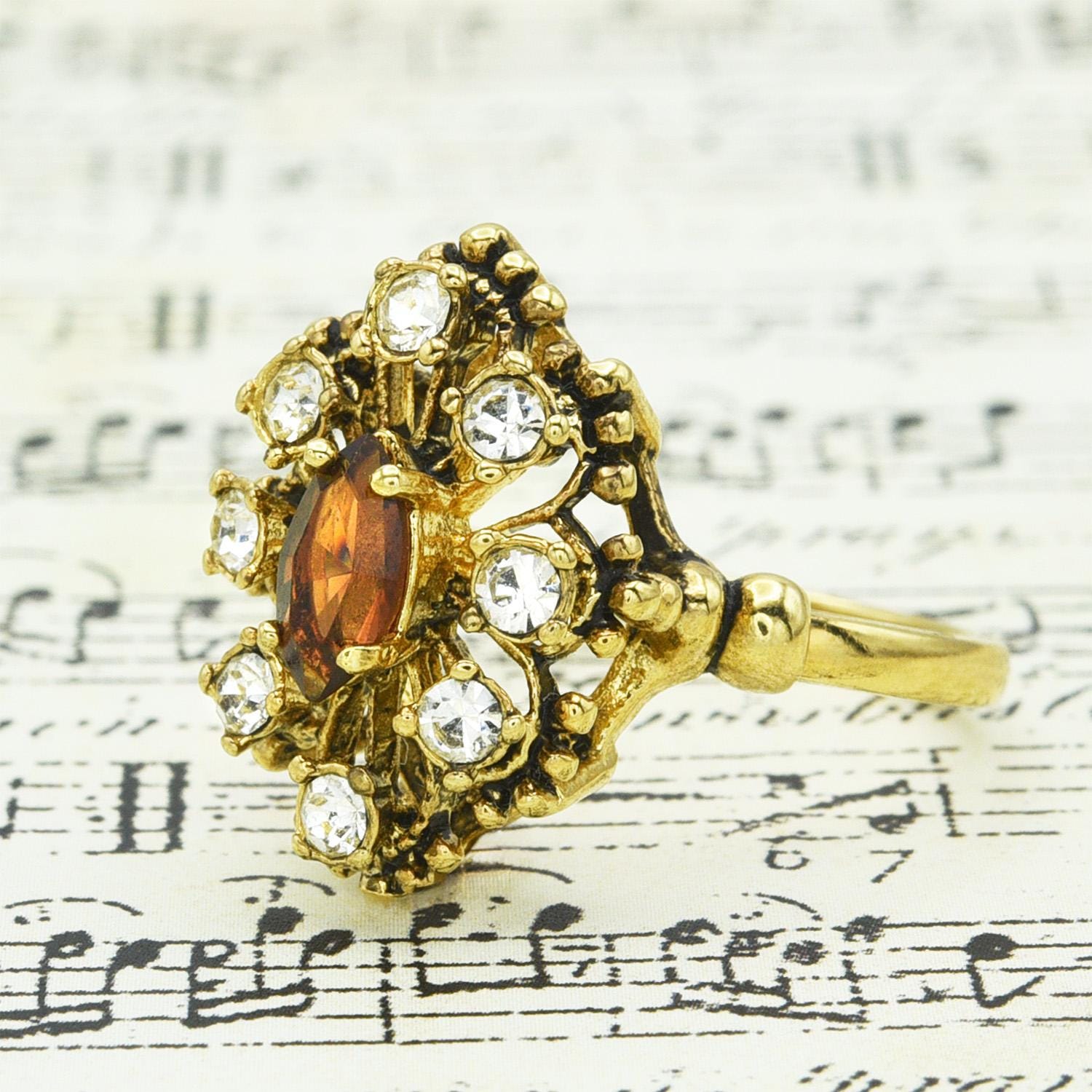 Vintage Brown Topaz and Clear Austrian Crystal Cocktail Ring - 18kt Antiqued Gold Electroplated jewelry image 1