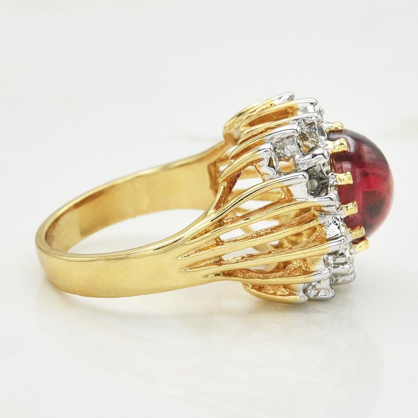 Vintage Ruby Crystal Cabochon Cocktail Ring with Clear Austrian Crystals – 18kt Yellow Gold Electroplate jewelry image 1