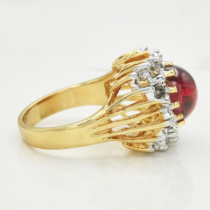 Vintage Ruby Crystal Cabochon Cocktail Ring with Clear Austrian Crystals – 18kt Yellow Gold Electroplate jewelry image 1