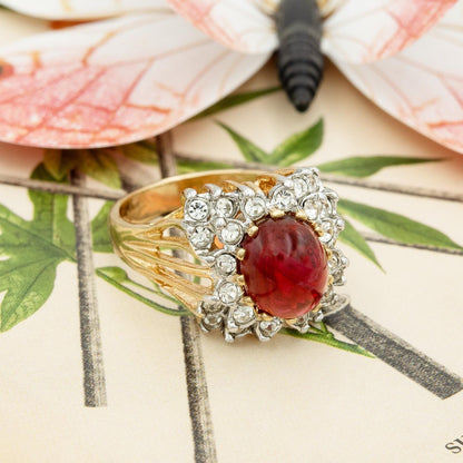 Vintage Ruby Crystal Cabochon Cocktail Ring with Clear Austrian Crystals – 18kt Yellow Gold Electroplate jewelry image 1