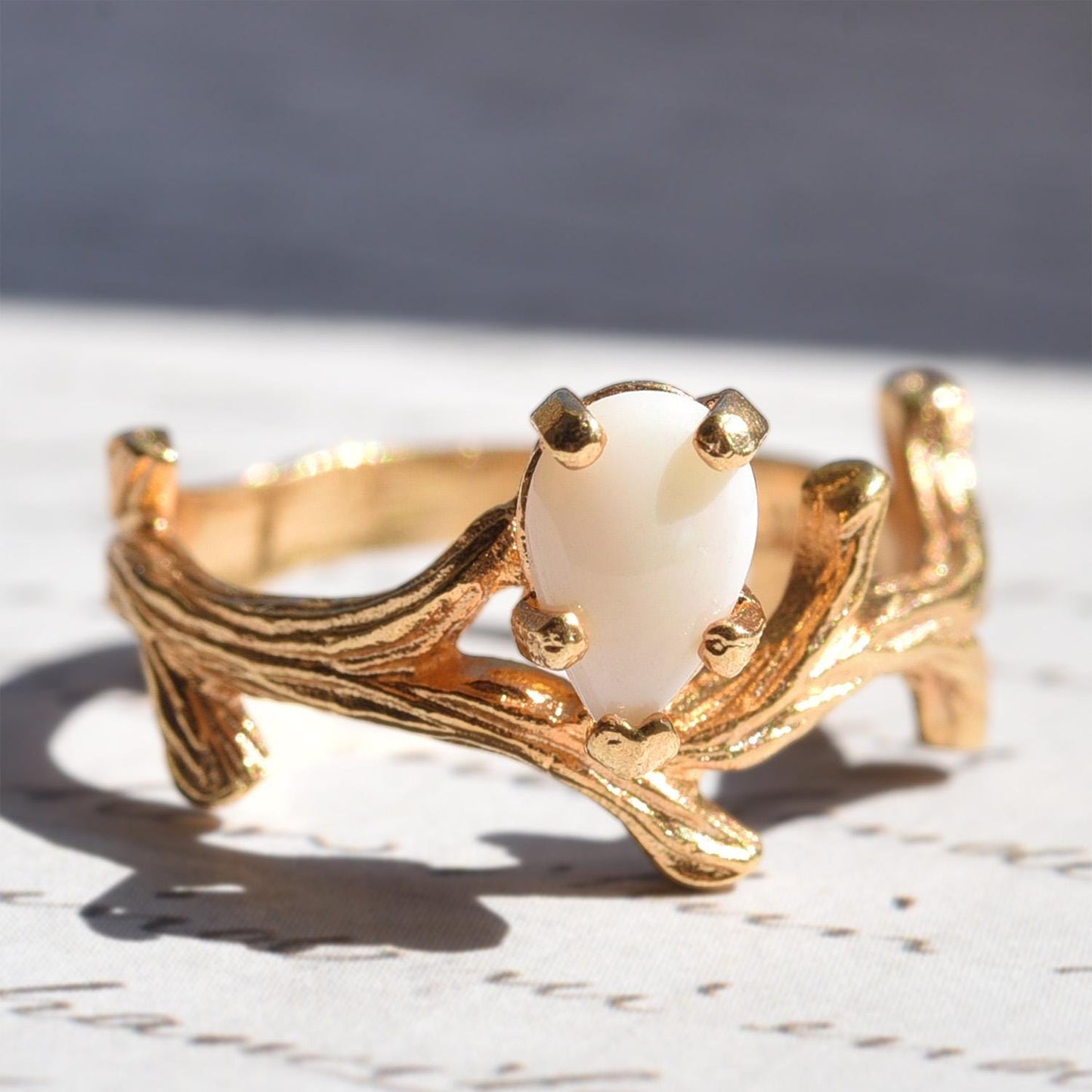 Vintage Genuine Opal 18k Yellow Gold Electroplated Twig Style Ring - Made in USA jewelry image 1