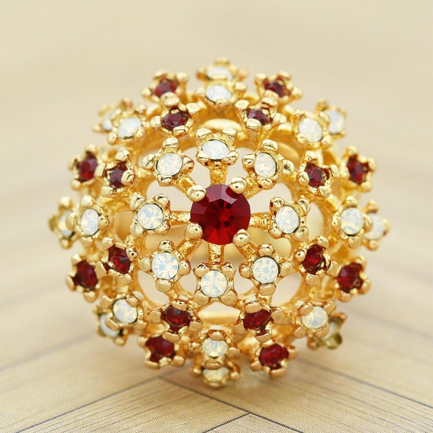 Vintage Ruby Austrian Crystal and Pinfire Opal Burst Cocktail Ring – 18kt Yellow Gold Electroplated jewelry image 1