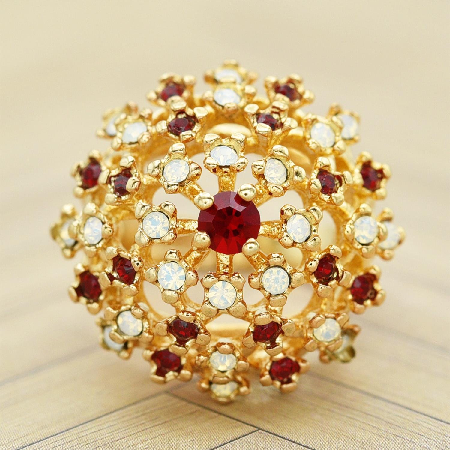 Vintage Ruby Austrian Crystal and Pinfire Opal Burst Cocktail Ring – 18kt Yellow Gold Electroplated jewelry image 1