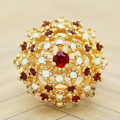 Vintage Ruby Austrian Crystal and Pinfire Opal Burst Cocktail Ring – 18kt Yellow Gold Electroplated jewelry image 1