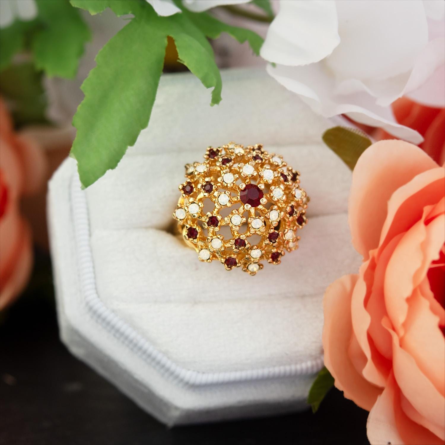 Vintage Ruby Austrian Crystal and Pinfire Opal Burst Cocktail Ring – 18kt Yellow Gold Electroplated jewelry image 1