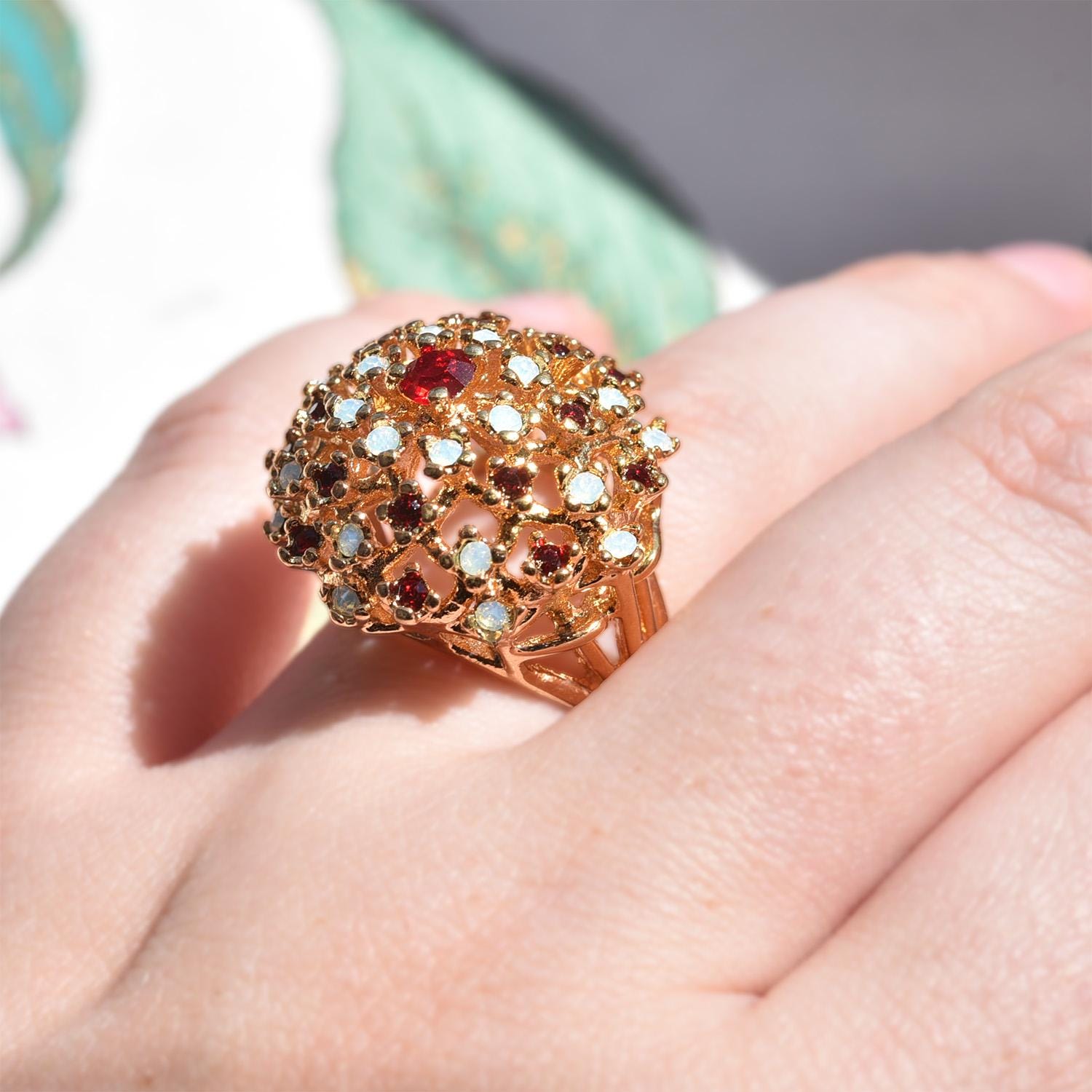 Vintage Ruby Austrian Crystal and Pinfire Opal Burst Cocktail Ring – 18kt Yellow Gold Electroplated jewelry image 1