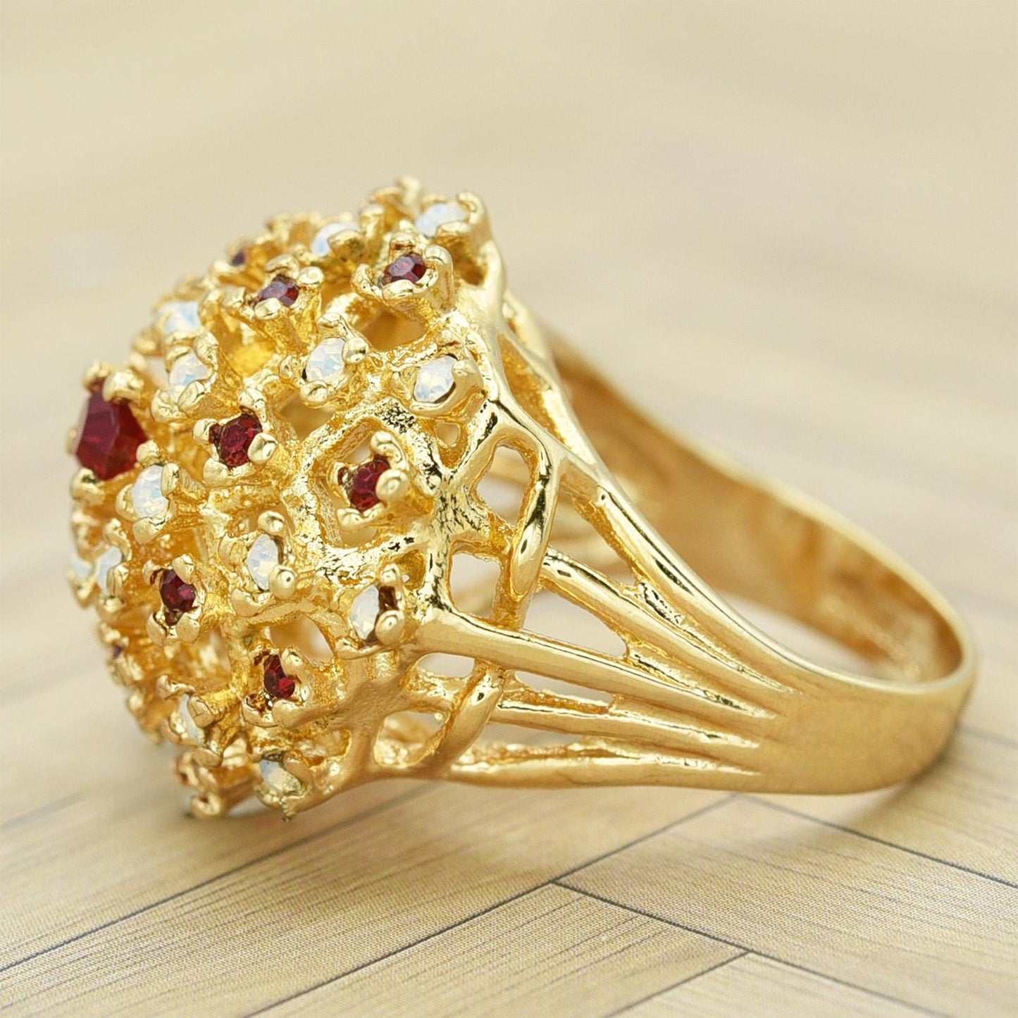 Vintage Ruby Austrian Crystal and Pinfire Opal Burst Cocktail Ring – 18kt Yellow Gold Electroplated jewelry image 1