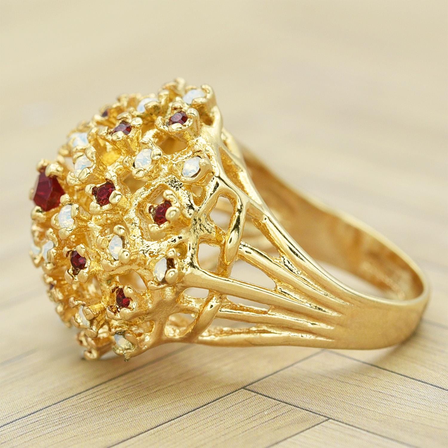 Vintage Ruby Austrian Crystal and Pinfire Opal Burst Cocktail Ring – 18kt Yellow Gold Electroplated jewelry image 1
