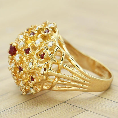 Vintage Ruby Austrian Crystal and Pinfire Opal Burst Cocktail Ring – 18kt Yellow Gold Electroplated jewelry image 1