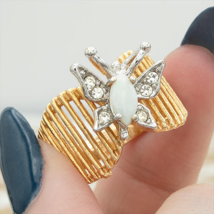 Vintage 1980s Butterfly Ring with Pinfire Opal and Clear Austrian Crystals – 18kt Yellow Gold Electroplated jewelry image 1