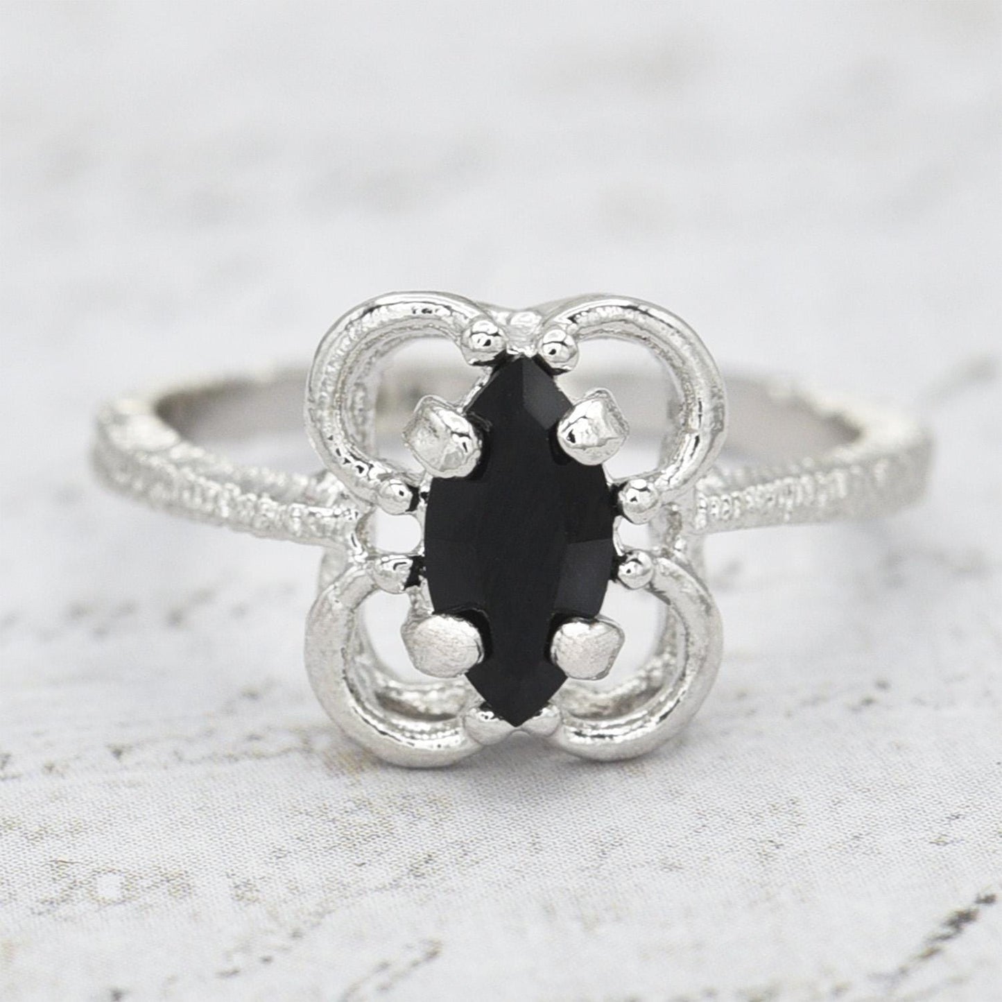 Vintage Marquise Cut Jet Black Austrian Crystal Cocktail Ring in 18k White Gold Electroplate jewelry image 1