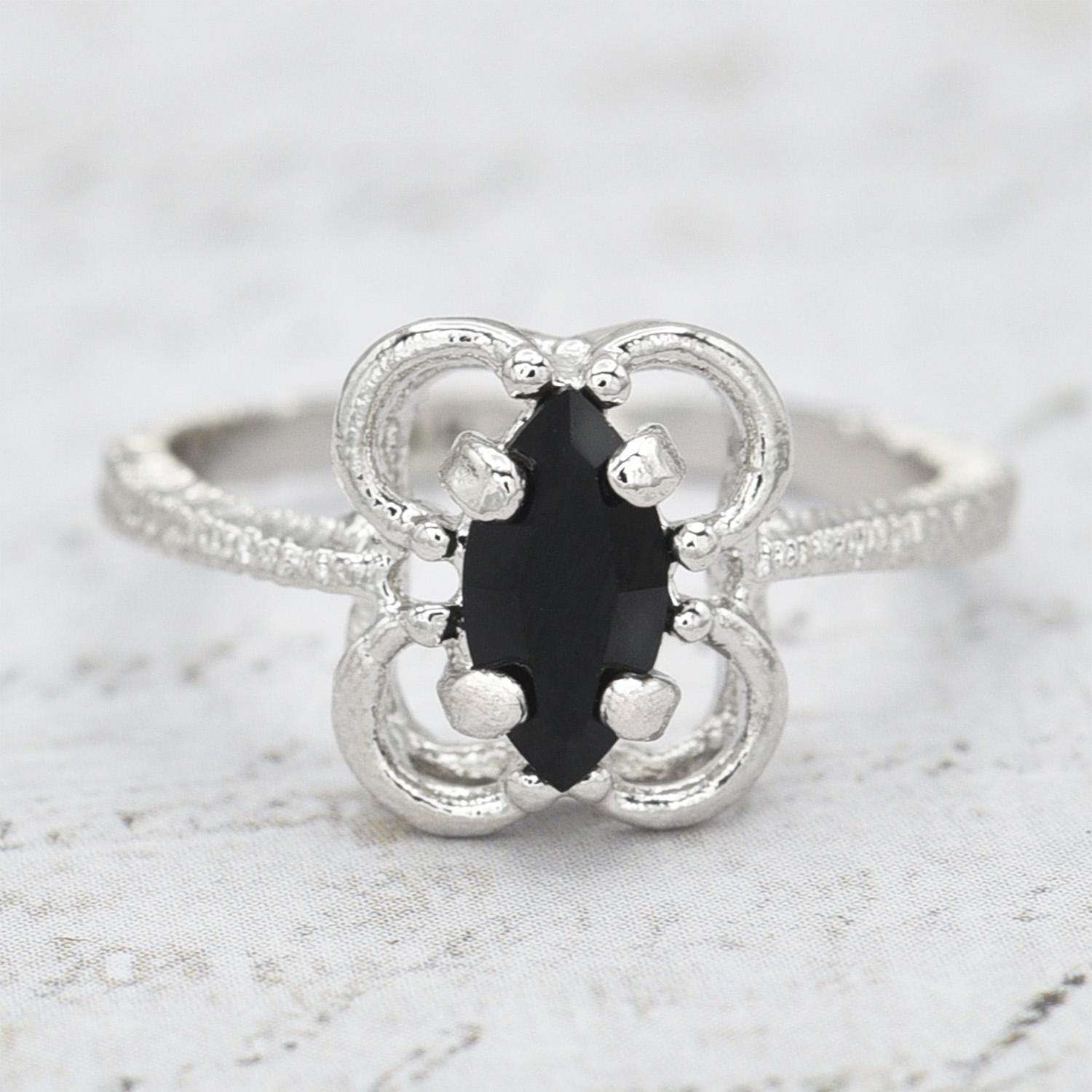 Vintage Marquise Cut Jet Black Austrian Crystal Cocktail Ring in 18k White Gold Electroplate jewelry image 1