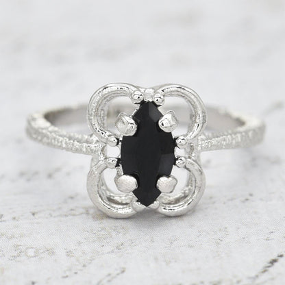 Vintage Marquise Cut Jet Black Austrian Crystal Cocktail Ring in 18k White Gold Electroplate jewelry image 1