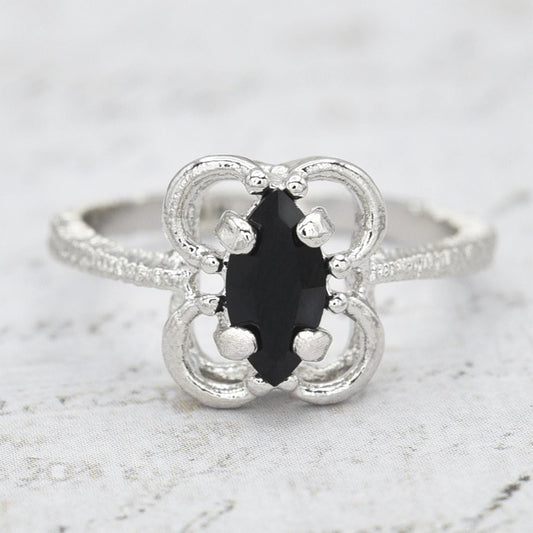 Vintage Marquise Cut Jet Black Austrian Crystal Cocktail Ring in 18k White Gold Electroplate jewelry image 1