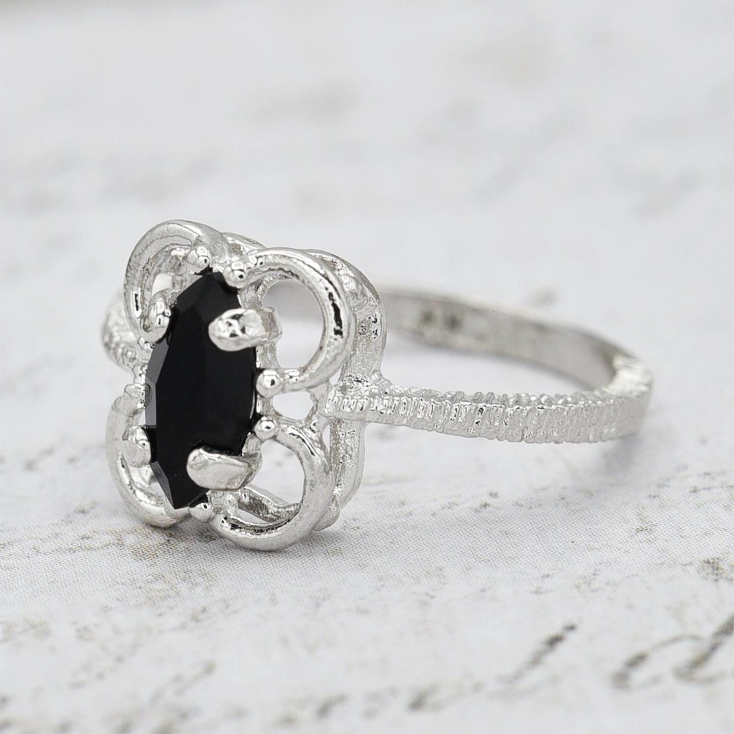Vintage Marquise Cut Jet Black Austrian Crystal Cocktail Ring in 18k White Gold Electroplate jewelry image 1