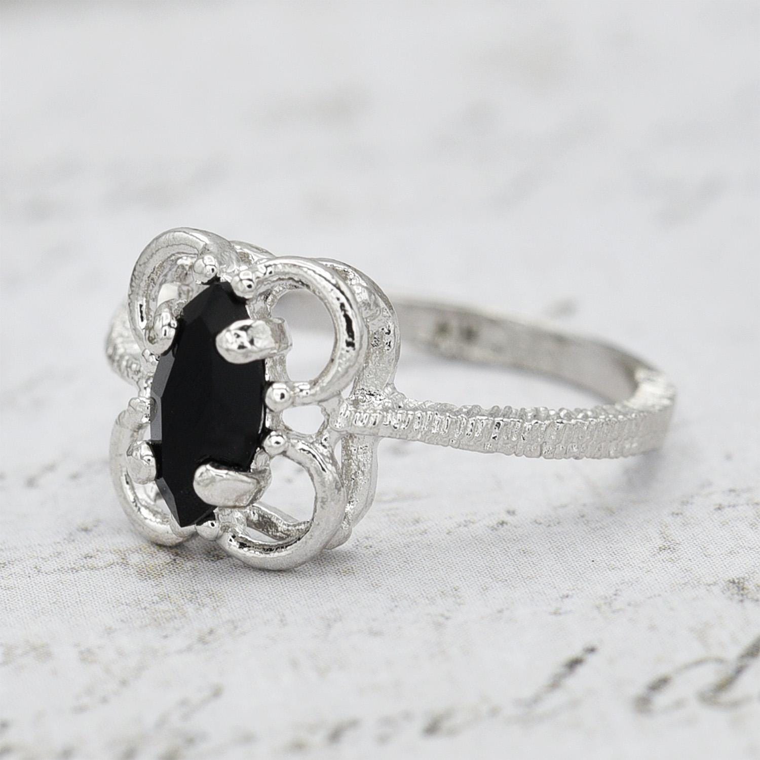 Vintage Marquise Cut Jet Black Austrian Crystal Cocktail Ring in 18k White Gold Electroplate jewelry image 1