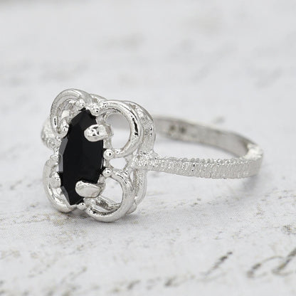 Vintage Marquise Cut Jet Black Austrian Crystal Cocktail Ring in 18k White Gold Electroplate jewelry image 1