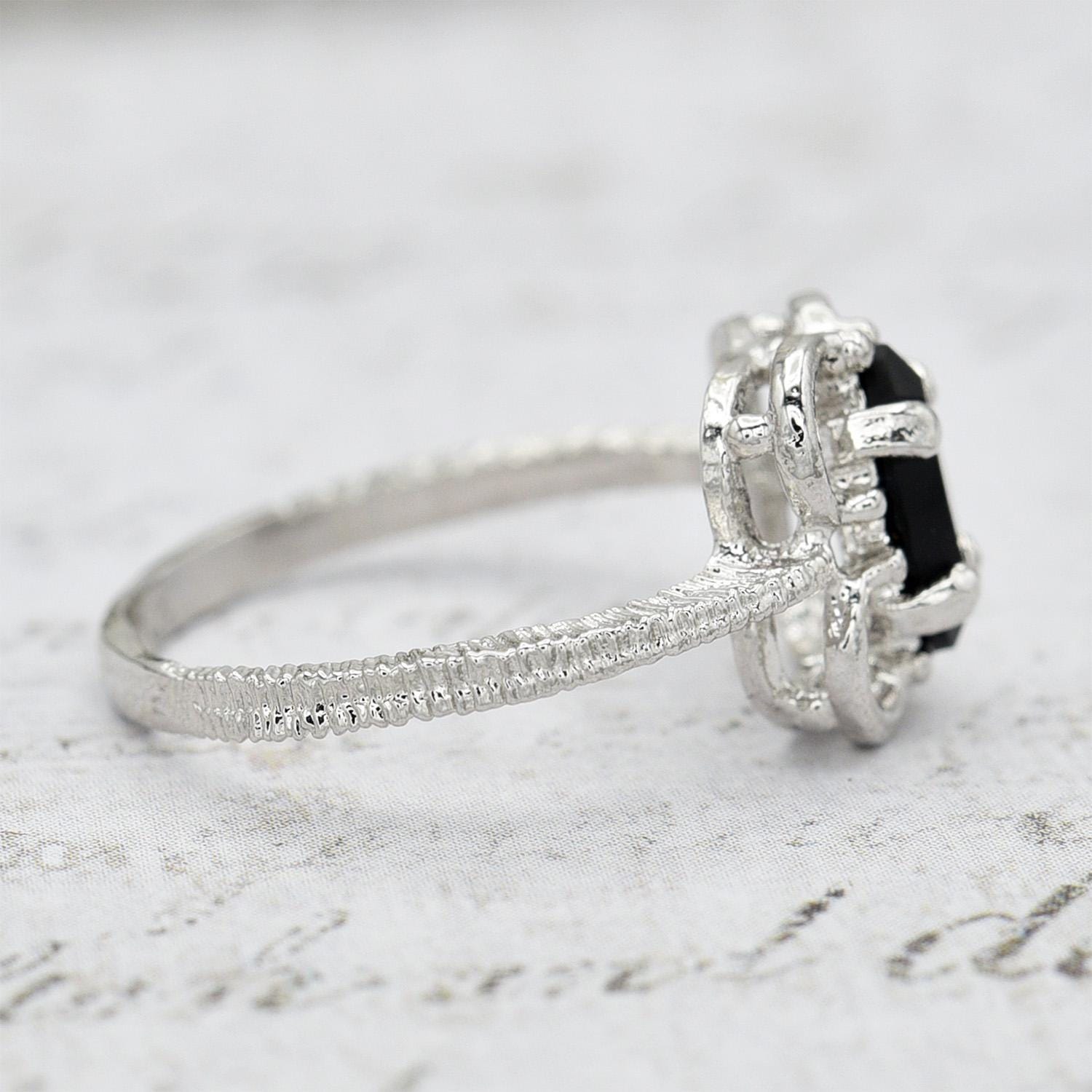 Vintage Marquise Cut Jet Black Austrian Crystal Cocktail Ring in 18k White Gold Electroplate jewelry image 1