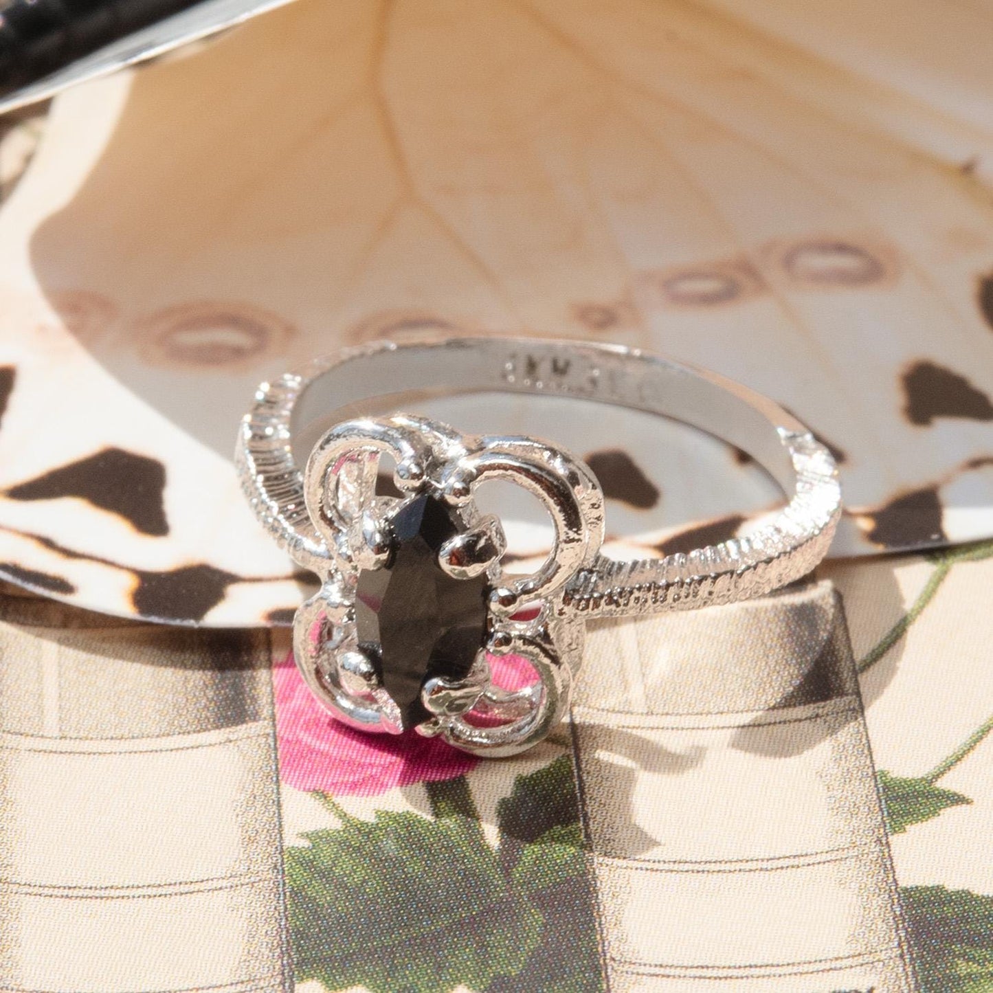 Vintage Marquise Cut Jet Black Austrian Crystal Cocktail Ring in 18k White Gold Electroplate jewelry image 1
