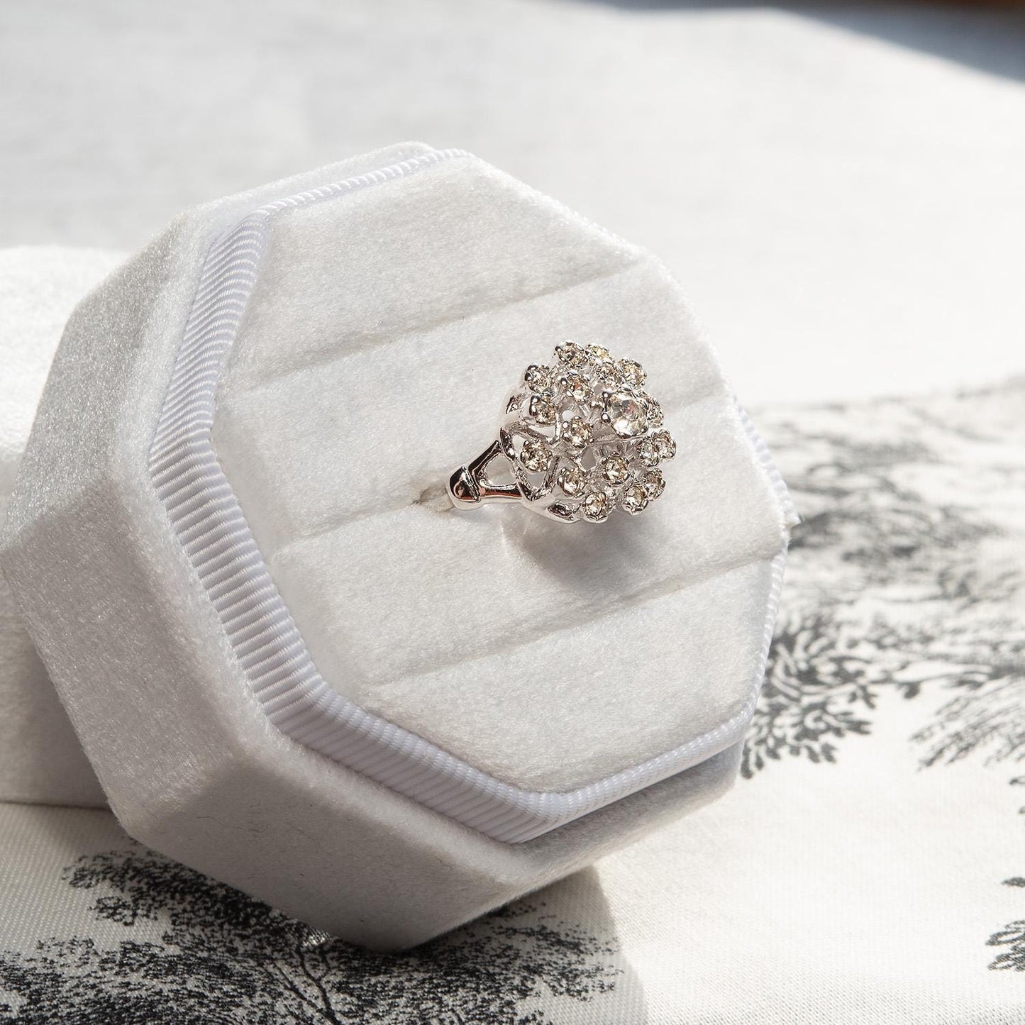 Vintage Clear Austrian Crystal Burst Ring – 18k White Gold Electroplated, Made in USA jewelry image 1
