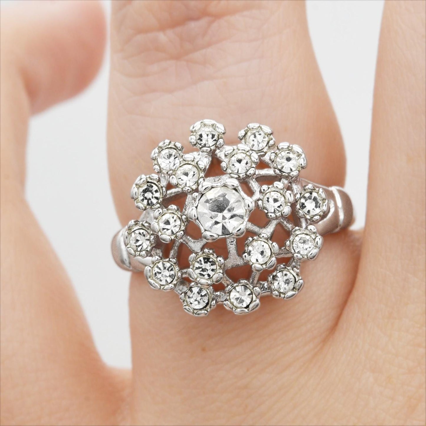 Vintage Clear Austrian Crystal Burst Ring – 18k White Gold Electroplated, Made in USA jewelry image 1