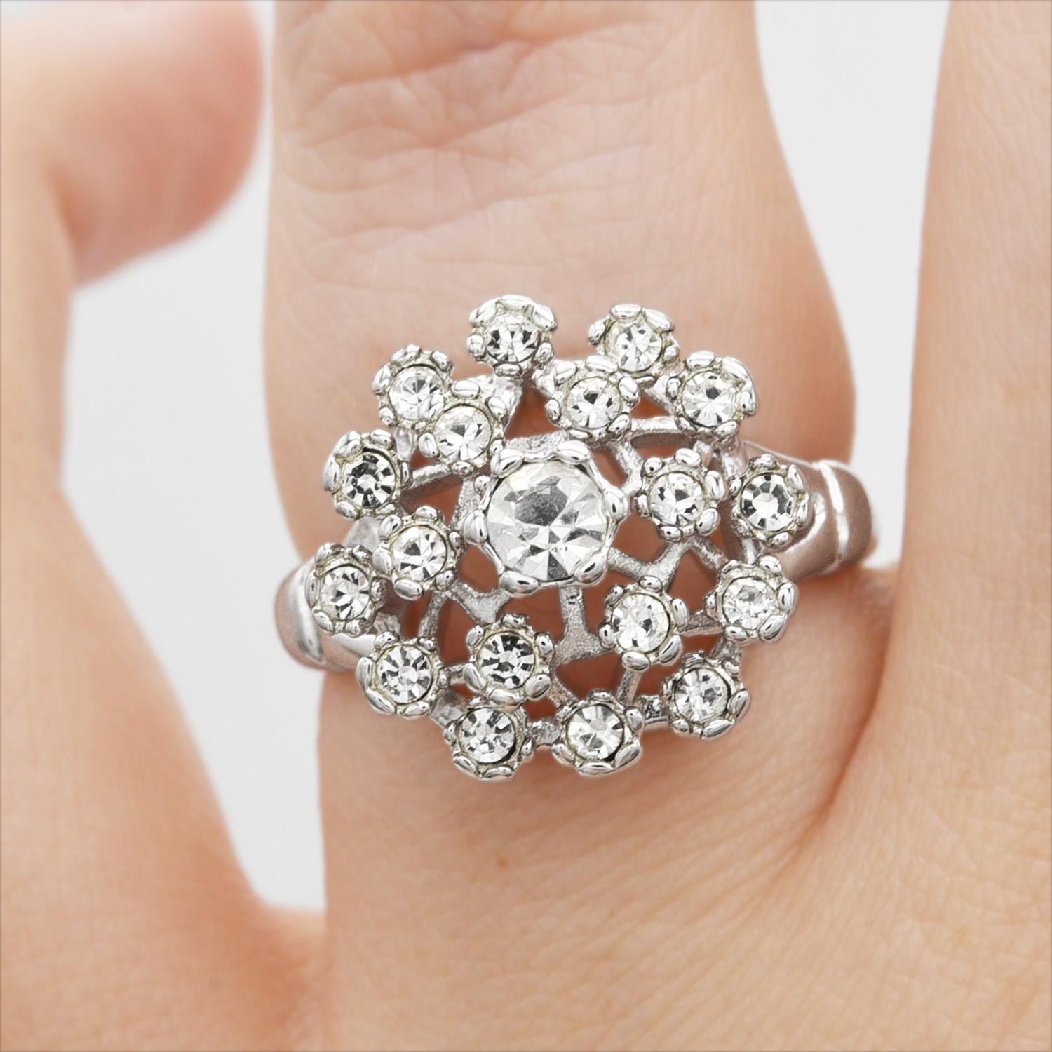 Vintage Clear Austrian Crystal Burst Ring – 18k White Gold Electroplated, Made in USA jewelry image 1