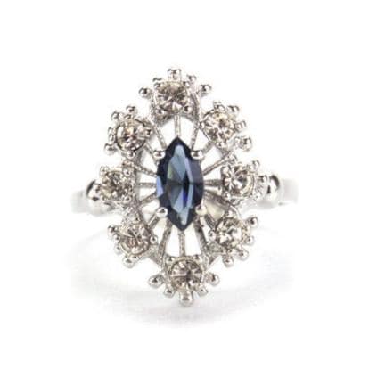 Vintage Style Marquise Cut Sapphire Blue Crystal Cocktail Ring with Clear Crystals - 18k White Gold Electroplated jewelry image 1
