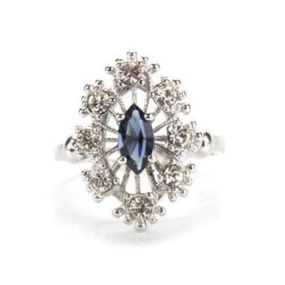 Vintage Style Marquise Cut Sapphire Blue Crystal Cocktail Ring with Clear Crystals - 18k White Gold Electroplated jewelry image 1