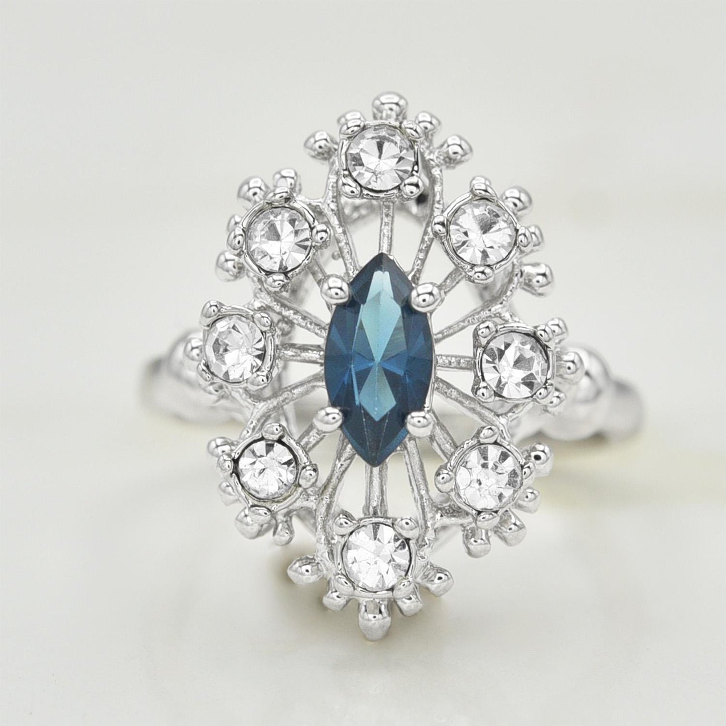 Vintage Style Marquise Cut Sapphire Blue Crystal Cocktail Ring with Clear Crystals - 18k White Gold Electroplated jewelry image 1