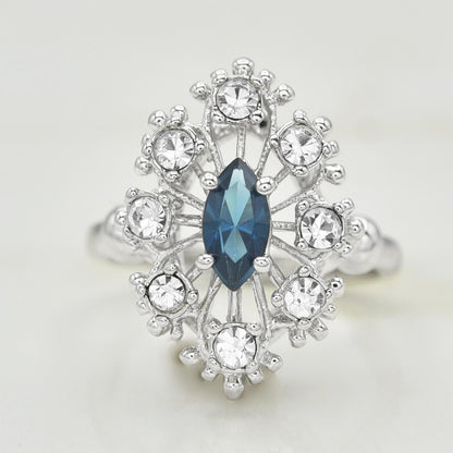 Vintage Style Marquise Cut Sapphire Blue Crystal Cocktail Ring with Clear Crystals - 18k White Gold Electroplated jewelry image 1